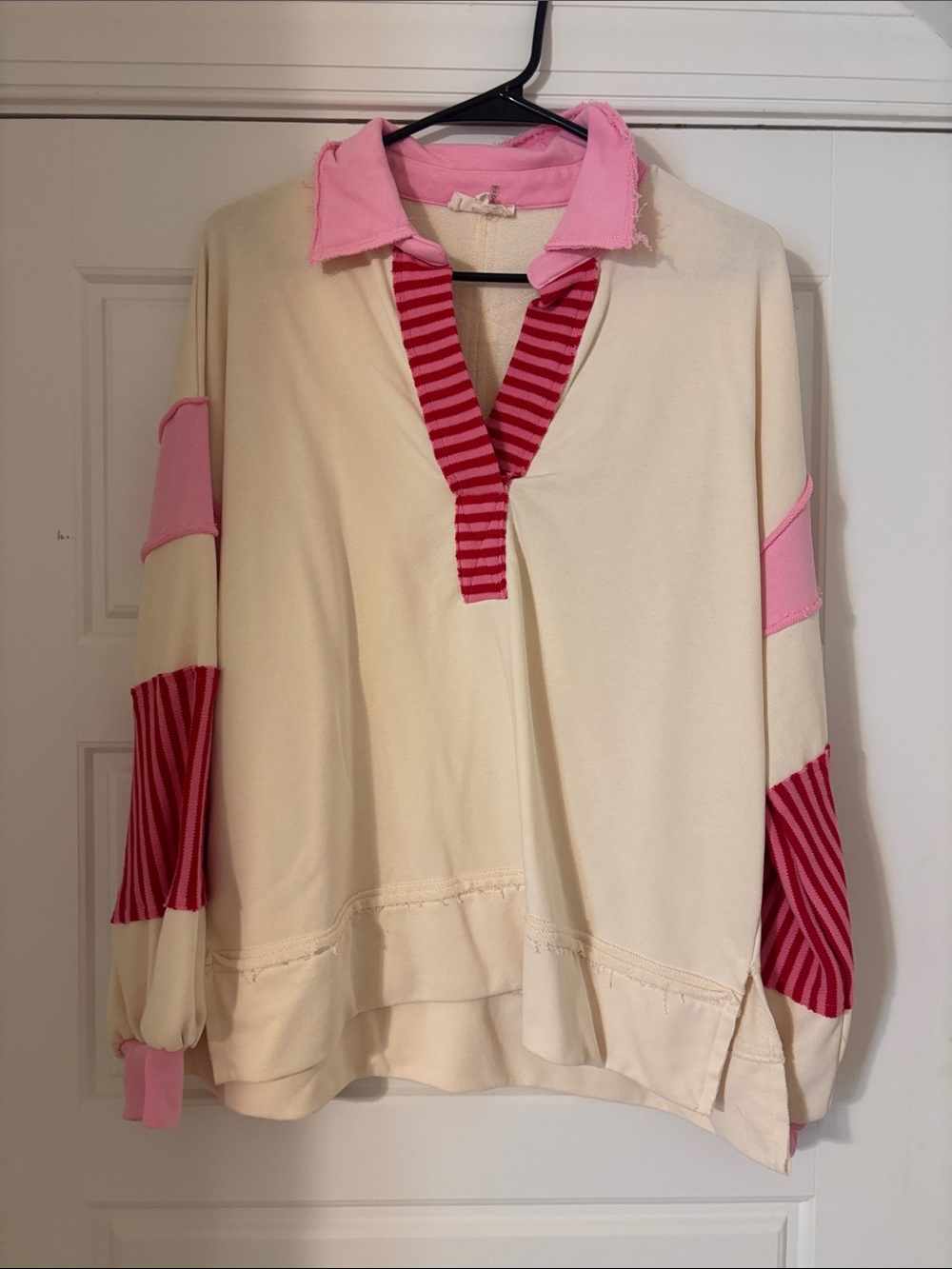 entro Cream Pullover Sweater with Pink and Red Stripe Accents
